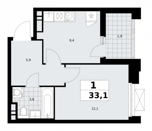 1-комнатная, 33.1 м²