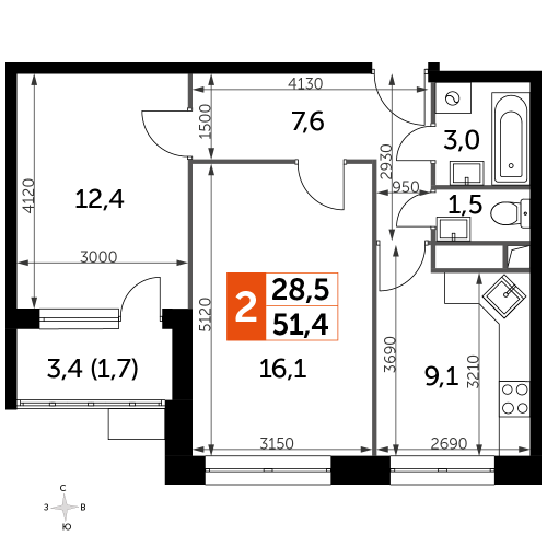 2-комнатная, 51.4 м²