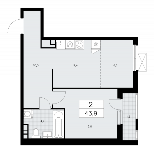2-комнатная, 43.9 м²