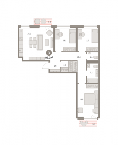 3-комнатная, 93.85 м²