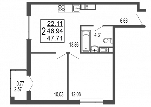2-комнатная, квартира, 48.58 м²