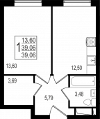 1-комнатная квартира 39,06 м²