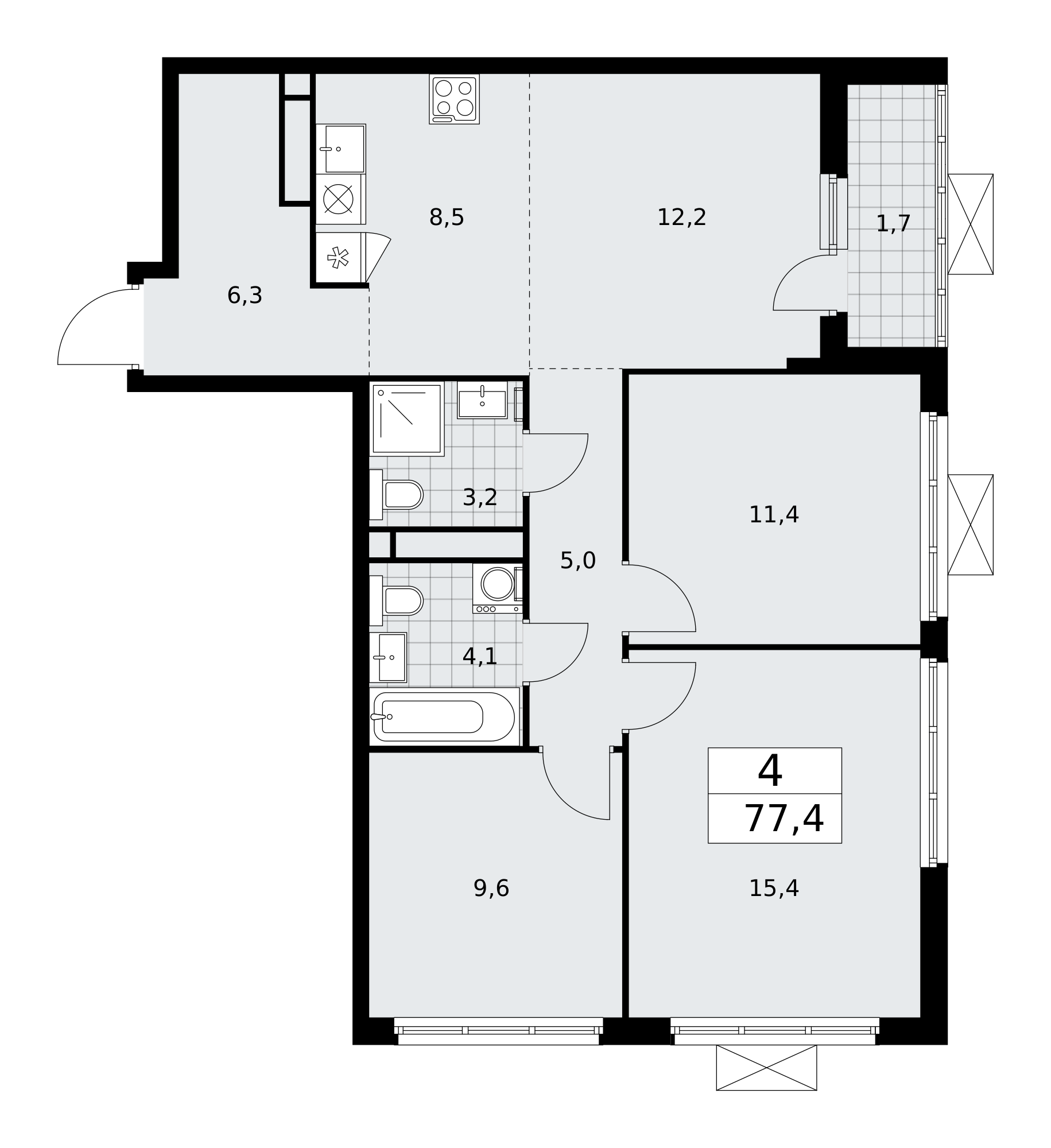 4-комнатная квартира №58К-11.2.2-414, 77,4 м² за 18,69 млн руб. в ЖК «Прокшино» - планировка