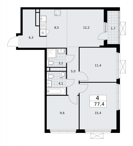 Многокомнатная, 77.4 м²