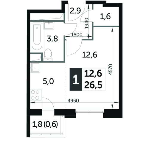 Студия, 26.4 м²
