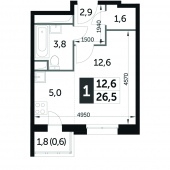 1-комнатная квартира 26,4 м²