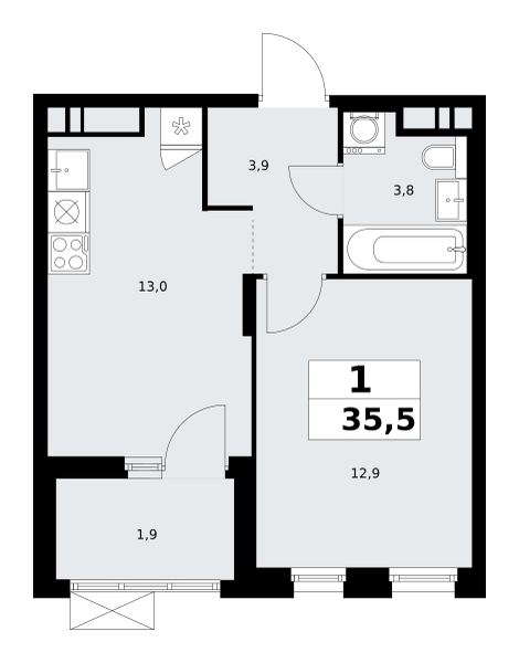 1-комнатная квартира №58К-7.1.3-525, 35,5 м² за 13,12 млн руб. в ЖК «Прокшино» - планировка