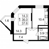 1-комнатная квартира 37,6 м²