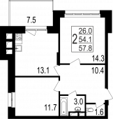 2-комнатная квартира 57.9 м²
