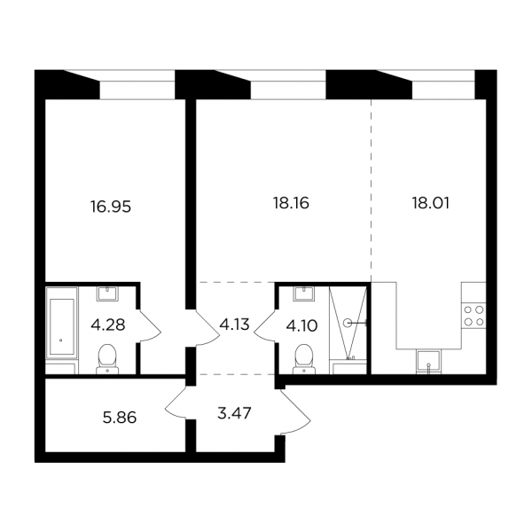 2-комнатная квартира №951, 75,0 м² за 31,54 млн руб. в ЖК «Foriver» - планировка