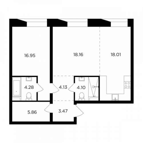 2-комнатная, 74.96 м²