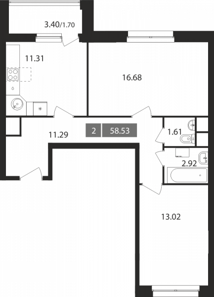 2 комнаты до 58.53