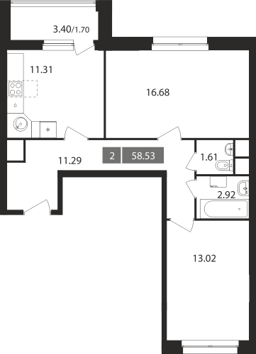 2-комнатная, квартира, 58.53 м²