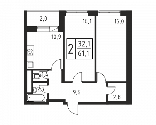 2-комнатная, квартира, 61.5 м²