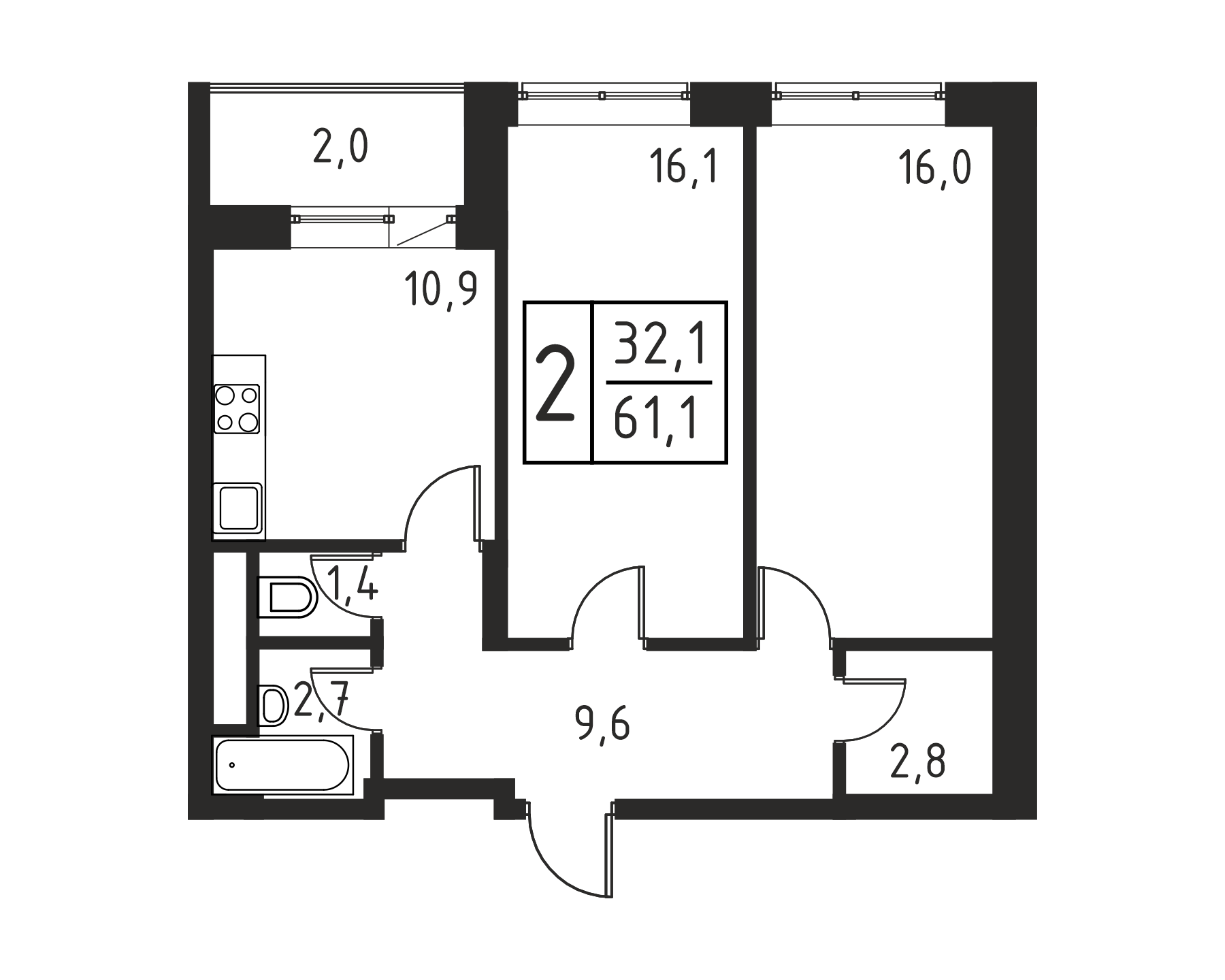 2-комнатная квартира №177, 61,5 м² за 9,36 млн руб. в ЖК «Карамельный» - планировка