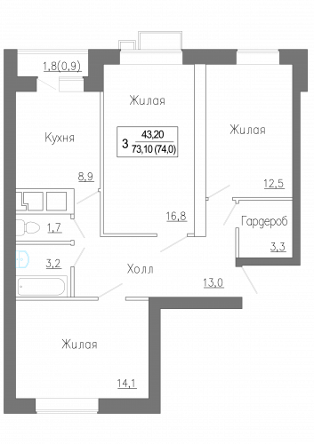 3-комнатная, квартира, 74 м²