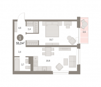 1-комнатная квартира 55,26 м²