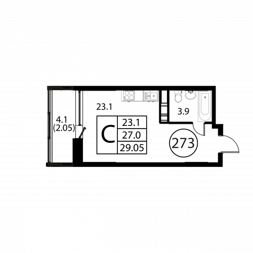Студия, 29.05 м²