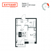 1-комнатная квартира 27,1 м²