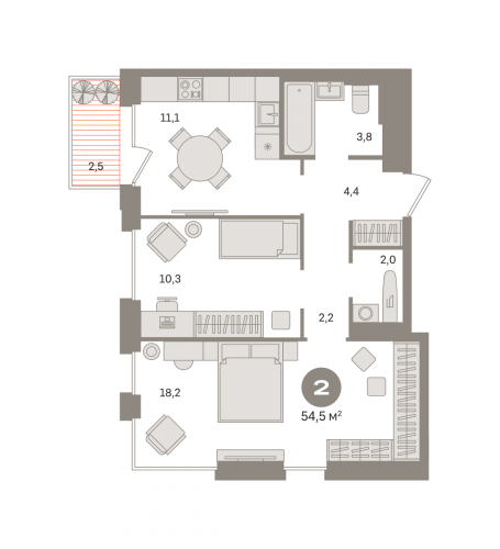 2-комнатная, квартира, 54.52 м²