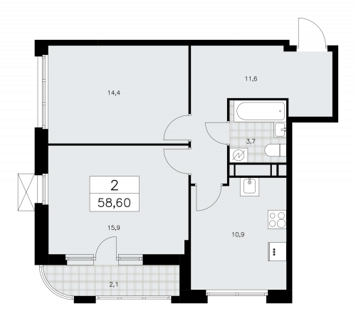 2-комнатная, 58.6 м²