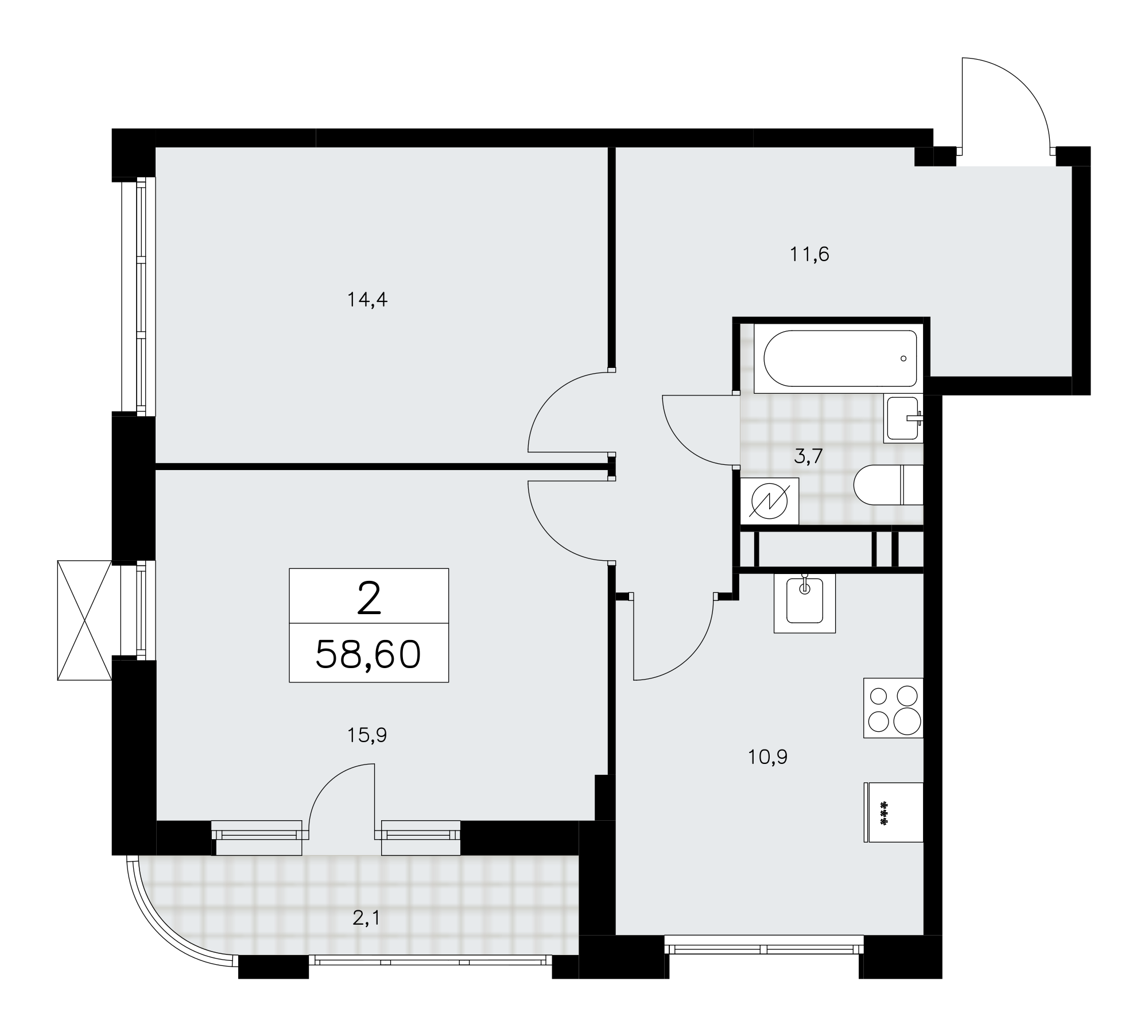 2-комнатная квартира №24К-28.3-548, 58,6 м² за 18,18 млн руб. в ЖК «Скандинавия» - планировка