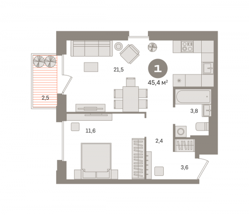 1-комнатная, квартира, 45.38 м²