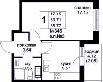 1-комнатная квартира 35,77 м²