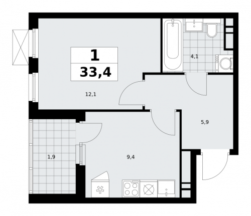 1-комнатная, 33.4 м²