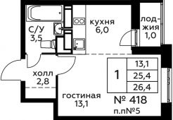 1-комнатная квартира 26,4 м²