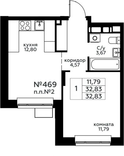 1-комнатная, 32.83 м²
