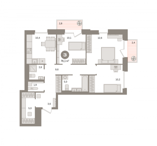 3-комнатная, квартира, 76.12 м²