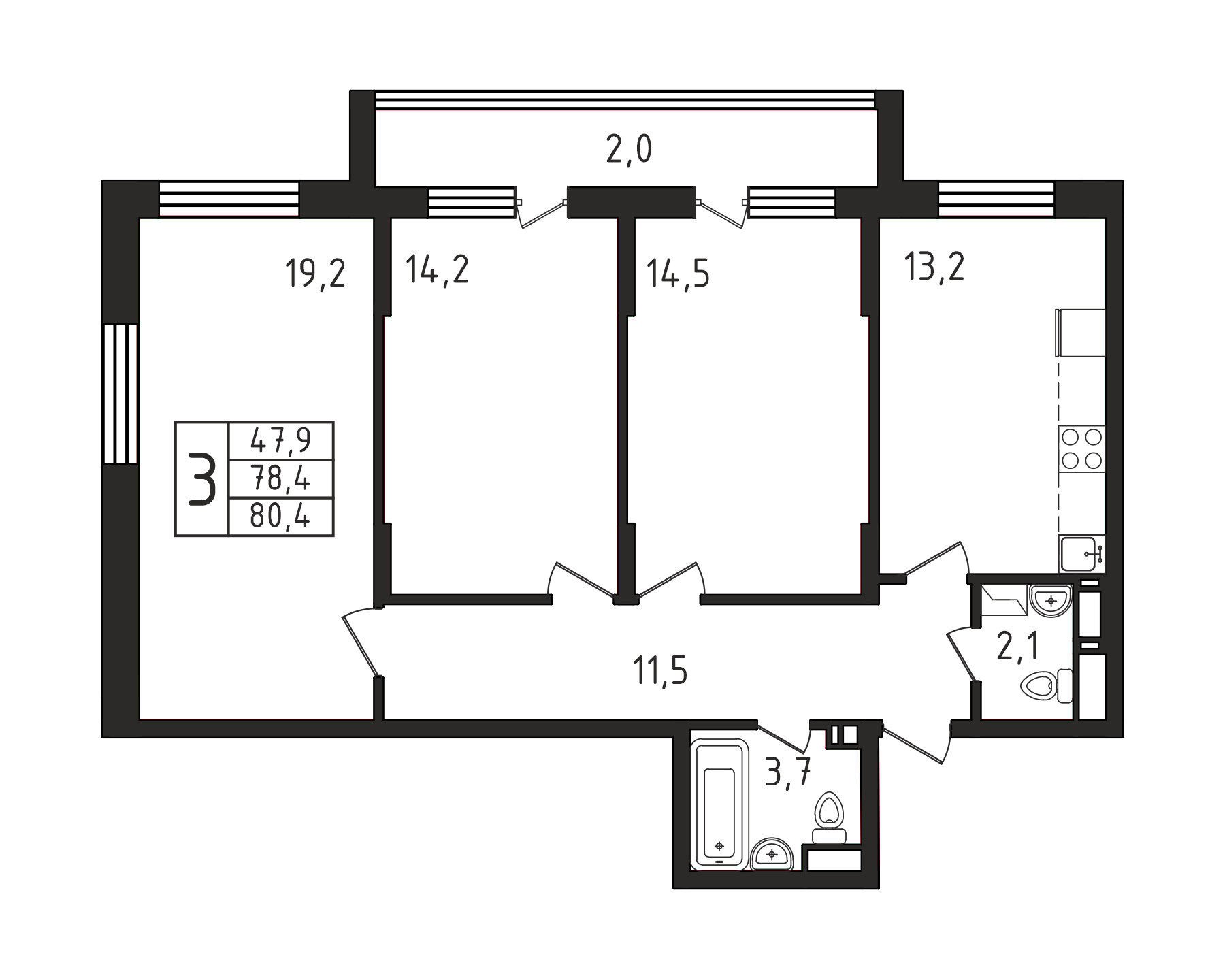 3-комнатная квартира №127, 80,4 м² за 12,91 млн руб. в ЖК «Пироговская Ривьера» - планировка