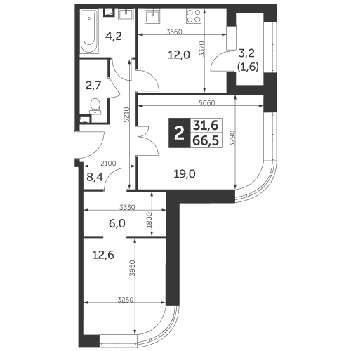 2-комнатная, квартира, 66.5 м²