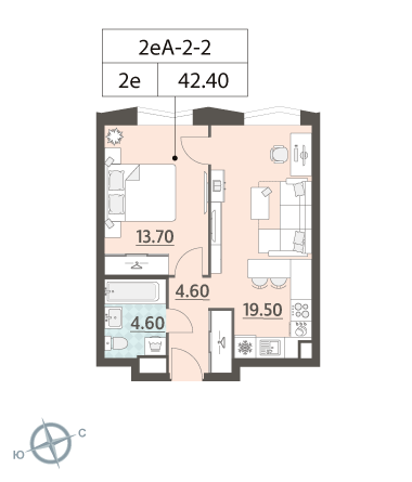 1-комнатная квартира №135443, 42,4 м² за 19,58 млн руб. в ЖК «Зиларт» - планировка