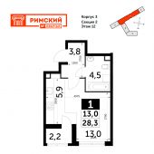 1-комнатная квартира 28,3 м²