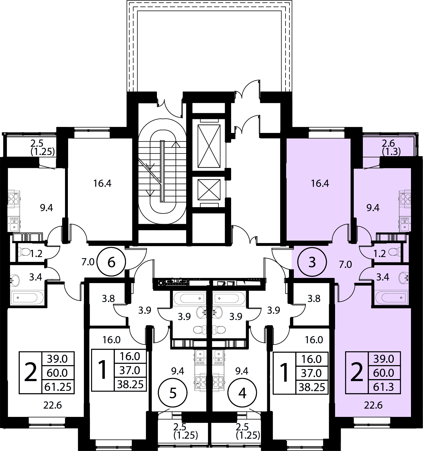 2-комнатная квартира №3, 61,3 м² за 8,86 млн руб. в ЖК «Космос» - планировка