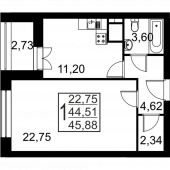 1-комнатная квартира 45,88 м²