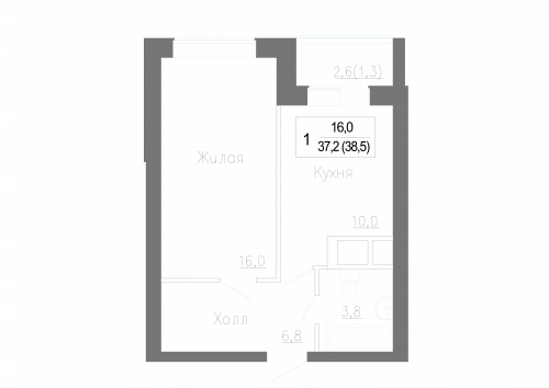 1-комнатная, 38.1 м²