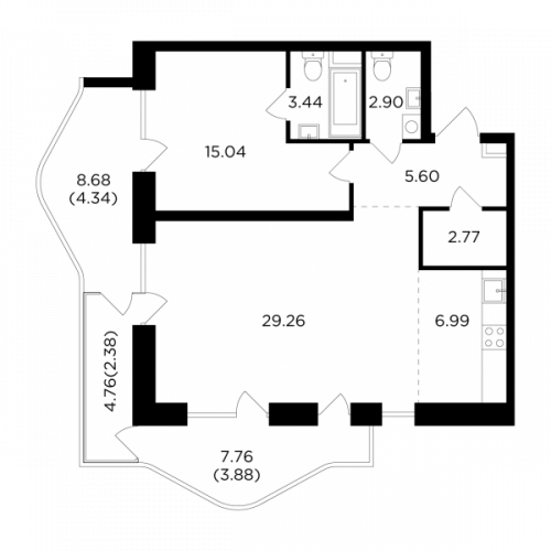 2-комнатная, 76.6 м²