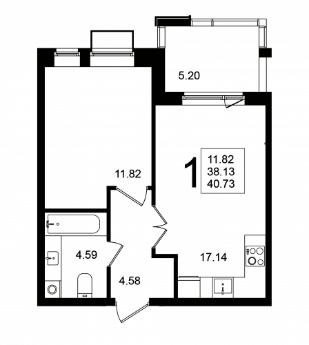 1-комнатная, квартира, 40.73 м²