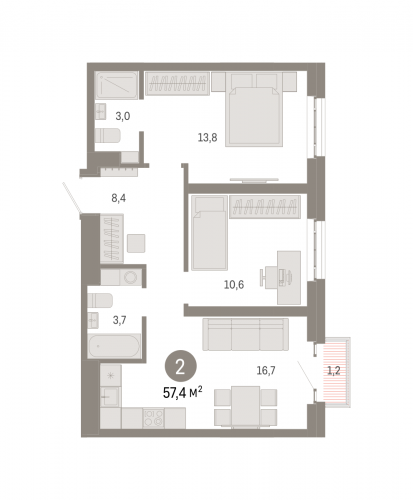2-комнатная, квартира, 57.4 м²