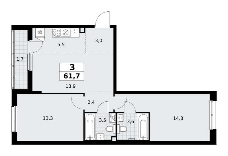 3-комнатная квартира №58К-7.1.1-60, 61,7 м² за 15,92 млн руб. в ЖК «Прокшино» - планировка