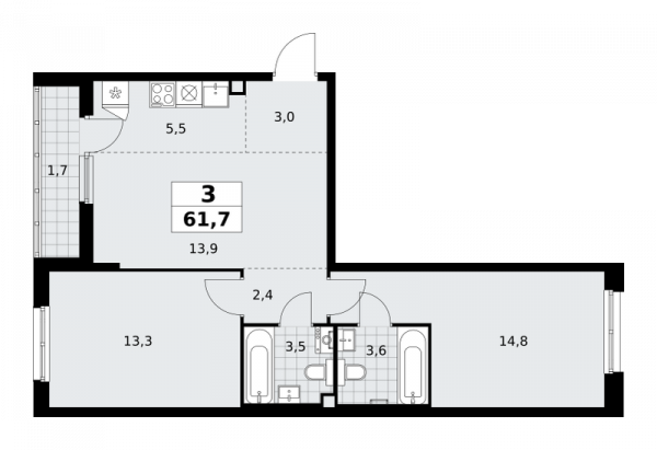 3 комнаты до 61.7