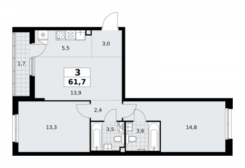 3-комнатная, 61.7 м²