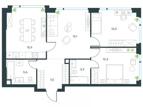 3-комнатная, квартира, 74.8 м²