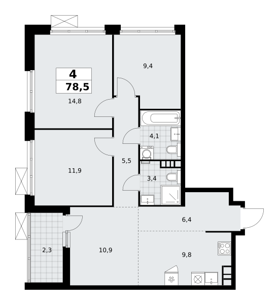 4-комнатная квартира №23К-18.1.3-227, 78,5 м² за 17,51 млн руб. в ЖК «Скандинавия» - планировка