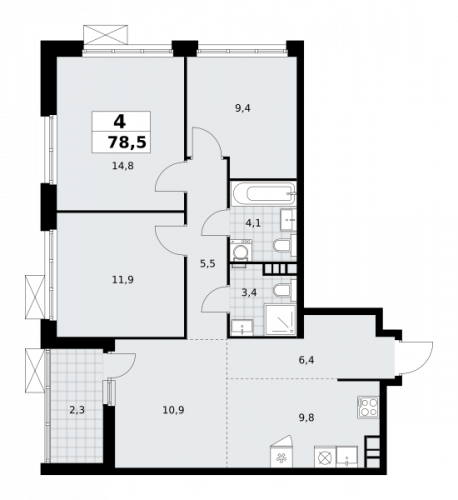 Многокомнатная, 78.5 м²
