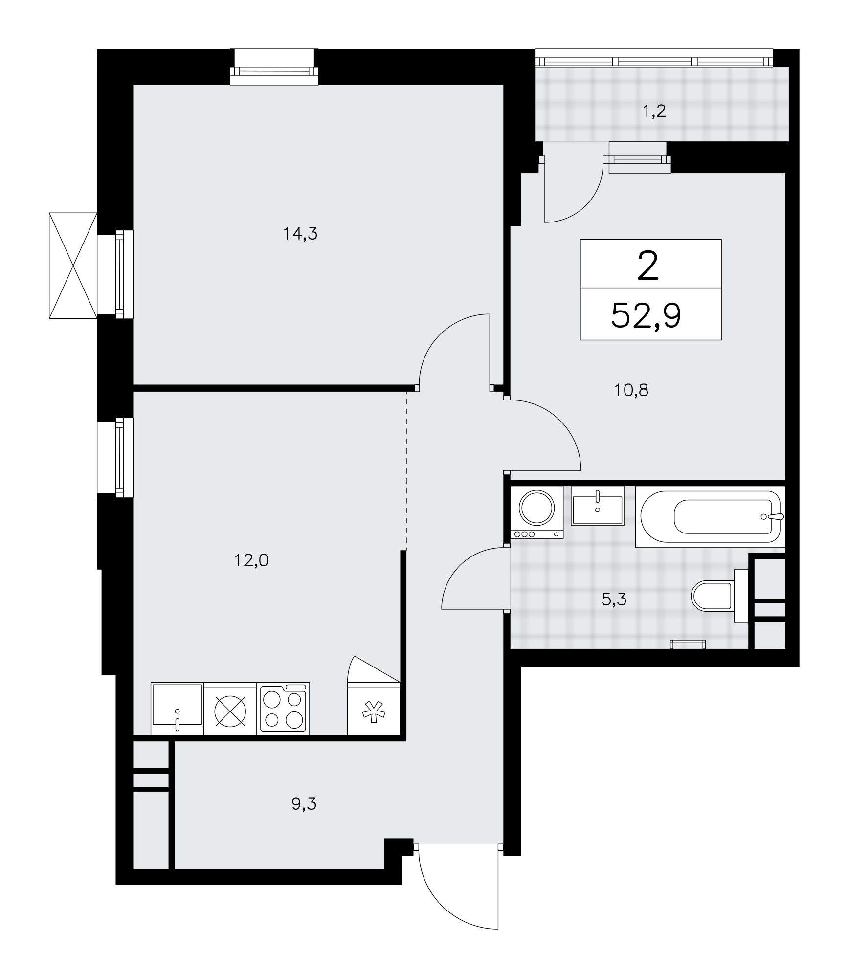 2-комнатная квартира №24К-37.2.1-166, 52,9 м² за 16,43 млн руб. в ЖК «Скандинавия» - планировка