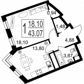 1-комнатная квартира 43,07 м²